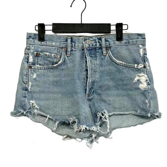AGOLDE Distressed Parker Shorts Women's Sz 26 Button Fly Light Wash Raw Hem